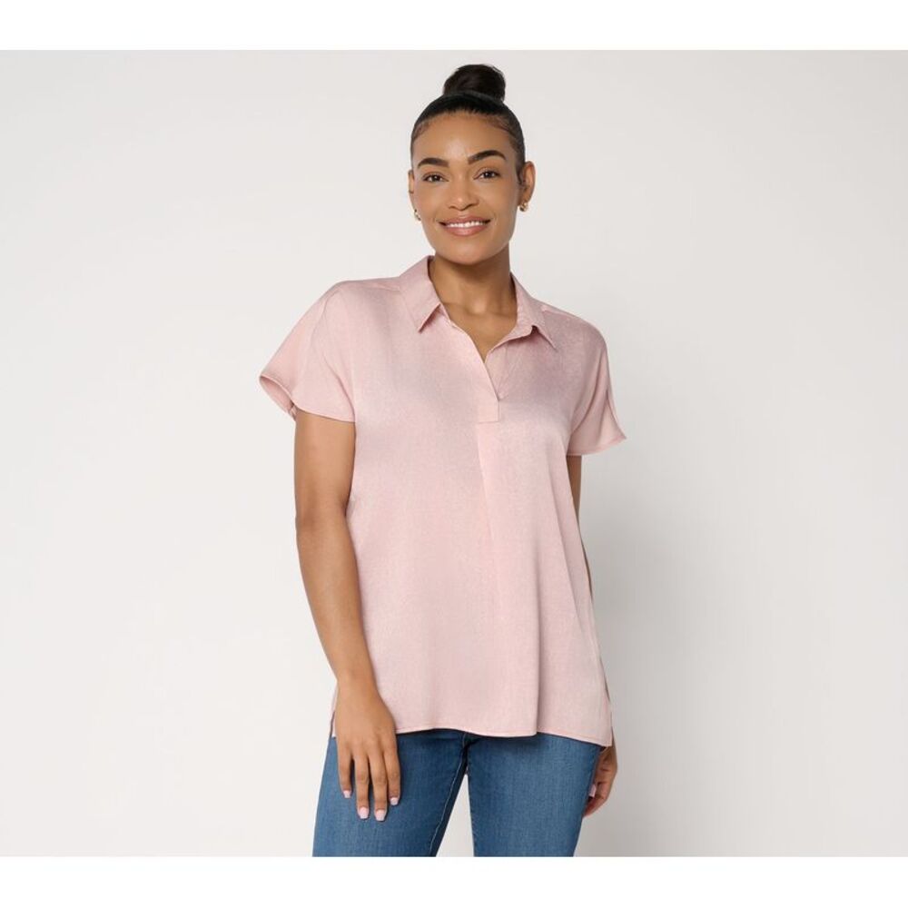 Susan Graver Women's Top Sz XS Foiled Woven Pullover Henley Pink